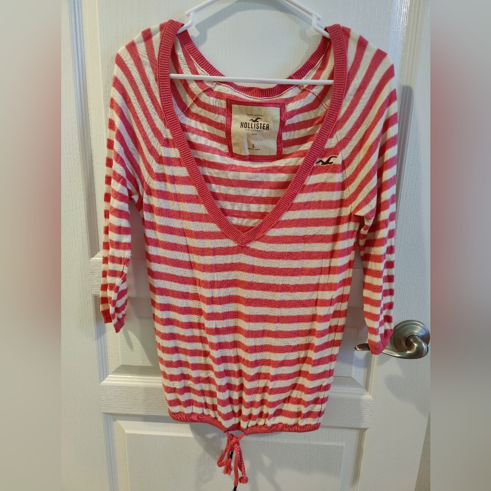 Hollister Pink and White stripes V neck Knitted Sweater